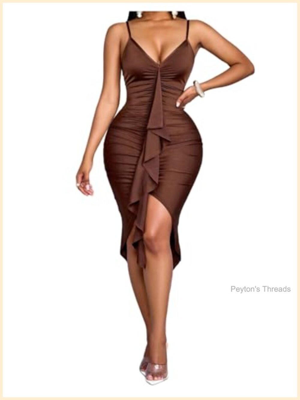 Spaghetti Strap V Neck Bodycon Midi Dress Ruffle Backless Ruched